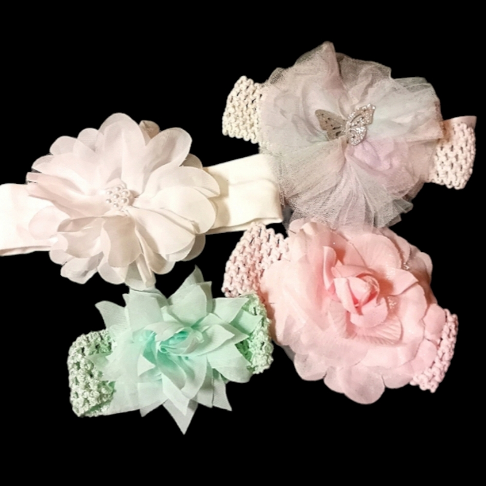 SET OF 4 BABY GIRL PASTEL FLORAL & GLITTER BUTTERFLY BEAUTIFUL HEADBANDS